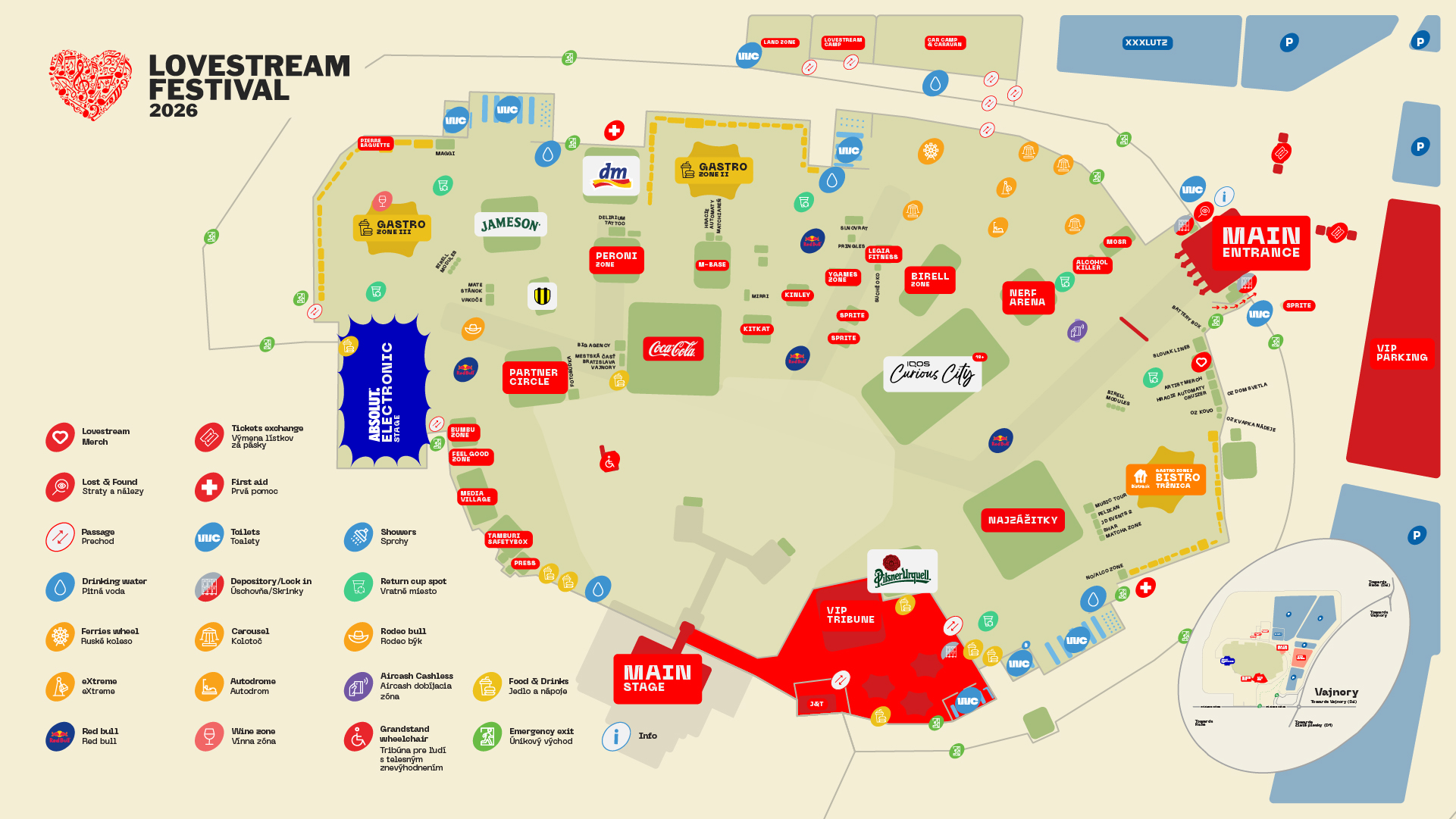 Mapa areálu LOVESTREAM Festival 2026 — Staré letisko Vajnory